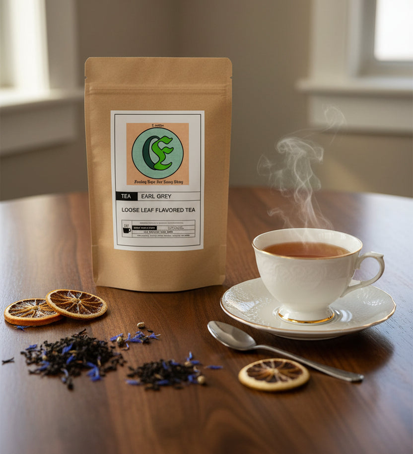 Earl Grey Tea Premium Quality Black Tea with Bergamot Flavor in a loose leaf package.